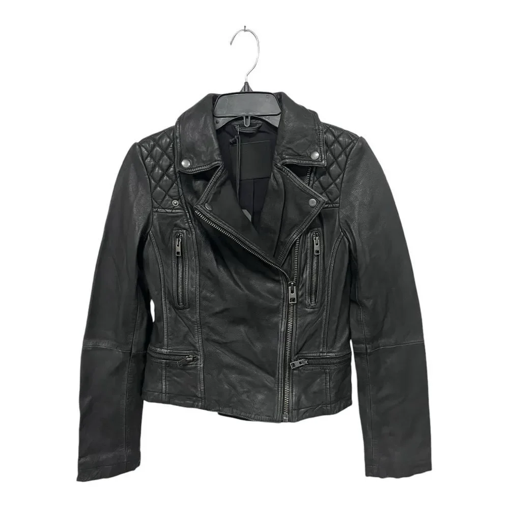 NWT ALL‎ SAINTS | Black Cargo Distressed Leather Biker Jacket XS 2
